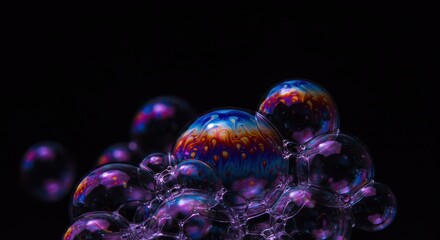 Closeup of iridescent soap bubbles with rainbow colors against black background