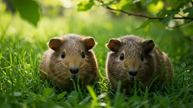 Two guinea pigs sitting in green grass in the sunlight