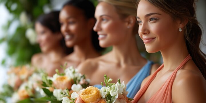 Diverse young bridesmaids holding bouquets at wedding ceremony