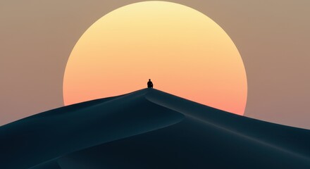Lone figure silhouetted on a sand dune against a large, setting sun
