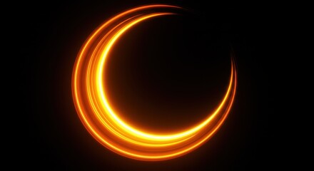 Abstract glowing crescent moon shape with light trails on black background
