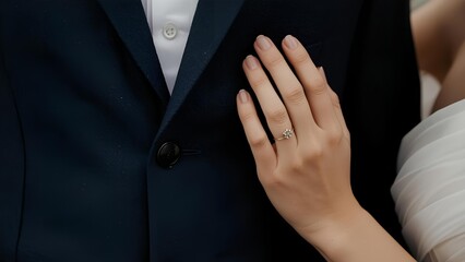 Bride’s hand with engagement ring resting on groom’s suit