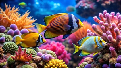 Vibrant Reef Inhabitants Three Colorful Fish Gracefully Swim Amidst a Lush Coral Garden, Displaying Nature's Underwater Beauty
