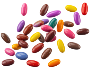 Colorful, oval-shaped candies scattered against a black background