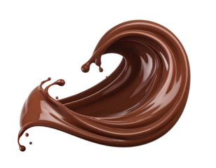 A dynamic chocolate splash, swirling in a graceful arc against a black background