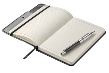 Open leather-bound notebook with lined pages and a black pen, ideal for writing, journaling, planning, or office productivity themes.
