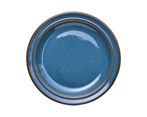 Blue Ceramic Plate with Brown Rim Top View Isolated on White with Clipping Path