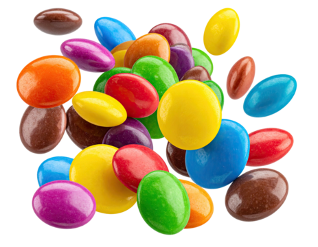 Colorful, round candies in various colors, scattered in a dynamic, almost explosion-like pattern