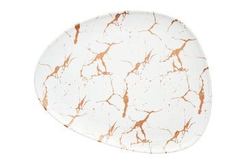 Irregular Shape White Ceramic Plate with Gold Marble Pattern Top View Isolated on White with Clipping Path