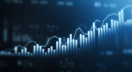Digital financial graph showing upward trend and bar chart data on a blue background
