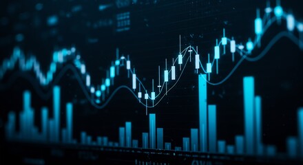 Financial Data Analysis with Glowing Blue Candlestick Charts and Bar Graphs on Digital Display