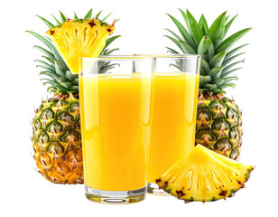 Two glasses of vibrant yellow pineapple juice, surrounded by fresh pineapple slices and a whole pineapple