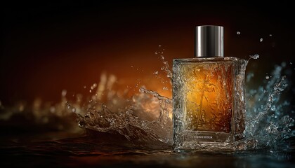 Amber perfume bottle amidst water splashes (1)