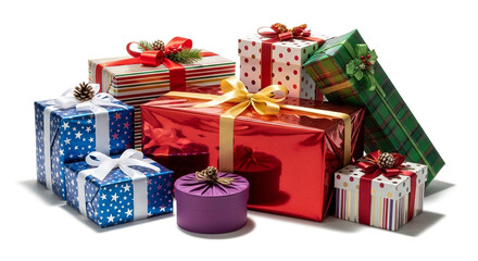 Obraz premium Pile of colorful presents isolated on white background, wrapped with ribbons and bows, perfect for christmas or any special occasion