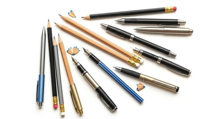 Collection of pens and pencils isolated on white background, showcasing writing instruments for office, school, and creative pursuits