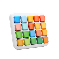 A square, white controller with 16 pastel-colored, square buttons; slightly angled view