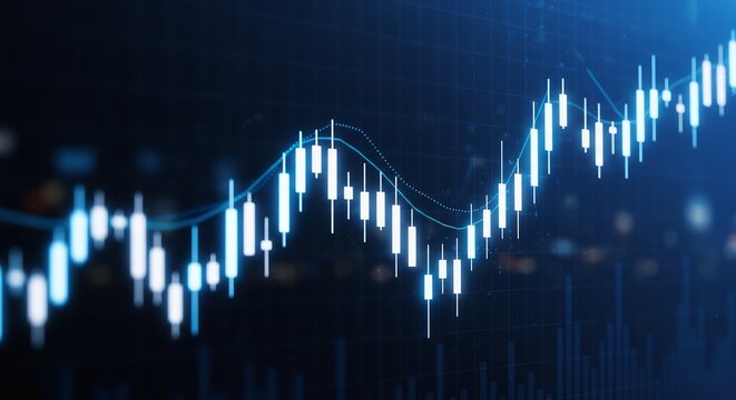 Abstract financial candlestick chart with glowing blue bars on a dark grid background