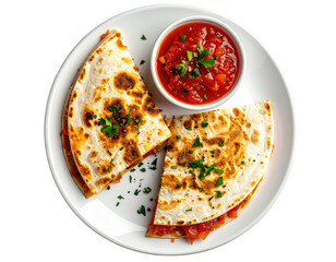 Two quesadillas, sliced, on a plate, with salsa