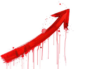 A vibrant red upward-pointing arrow, stylized with dripping paint effects, against a black background