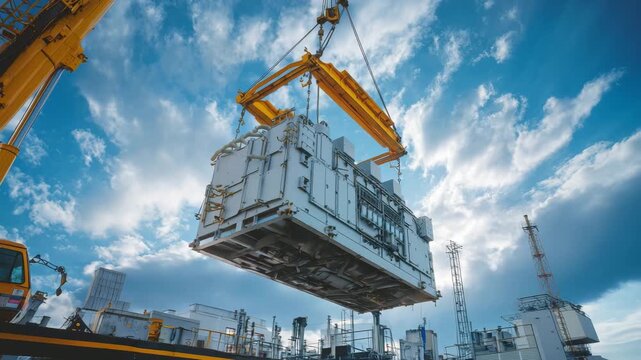 A crane lifts a massive industrial unit at a construction site under a clear blue sky. Workers observe as the equipment is carefully positioned for installation