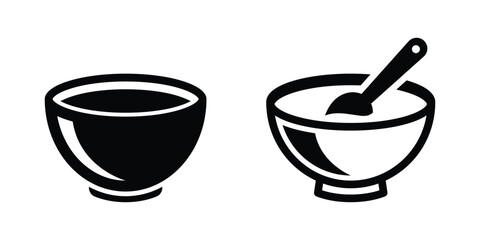 Black bowl icon set. Set of kitchen utensil, food icon vector design template. Bowl icon, bowl and spoon in black and white