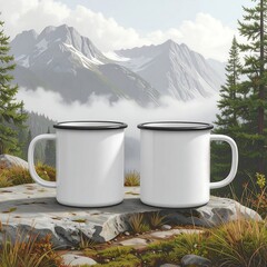 Two blank white mugs on a rock, scenic mountain view