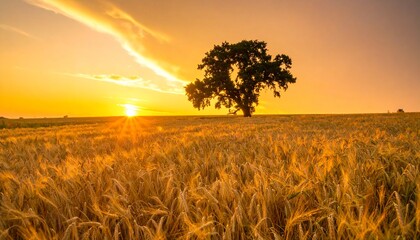 Lonely tree in golden wheat field at sunset with dramatic sky