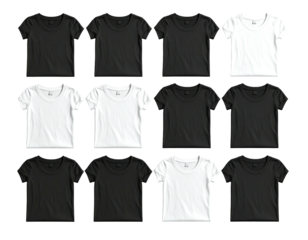 Twelve plain black and white short-sleeved crew neck t-shirts arranged in a grid