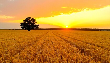 Lonely tree in golden wheat field at sunset with dramatic sky