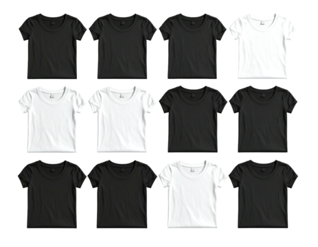 Twelve plain black and white short-sleeved crew neck t-shirts arranged in a grid