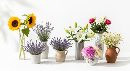 Collection of various flowers in vases isolated on white background, including sunflowers, lavender, lilies, roses, peonies, and babys breath