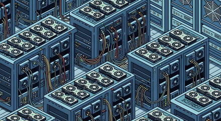 A vast digital currency infrastructure shown as an isometric server farm with multiple mining rigs for processing blockchain transactions