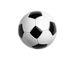A black and white soccer ball, perfectly spherical, sits centered against a pure black background.  The ball's panels are distinct, creating a classic soccer ball pattern
