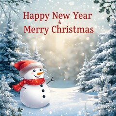 Happy New Year and Merry Christmas festive greeting card with copy space. Cute snowman in winter wonderland scene. Snow covered trees, sparkling background. Magical holiday atmosphere.