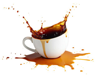 A white coffee cup, tilted, spills coffee in a dramatic splash