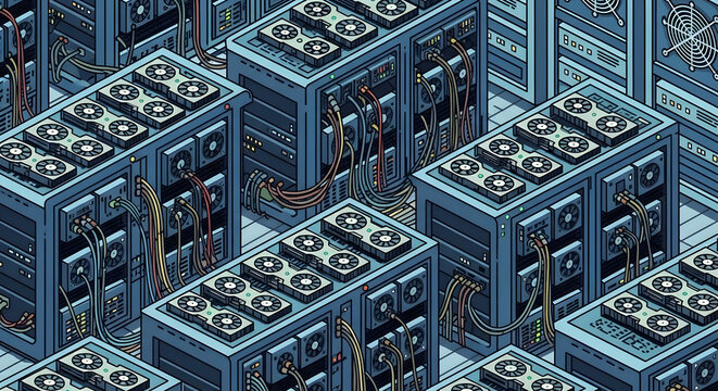 A vast digital currency infrastructure shown as an isometric server farm with multiple mining rigs for processing blockchain transactions