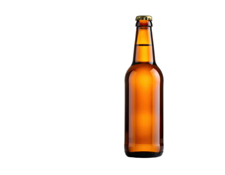 A light amber-colored glass beer bottle with a metal cap, standing upright against a black background
