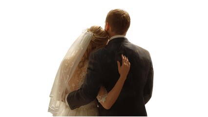 Bride and groom embracing from behind in wedding attire