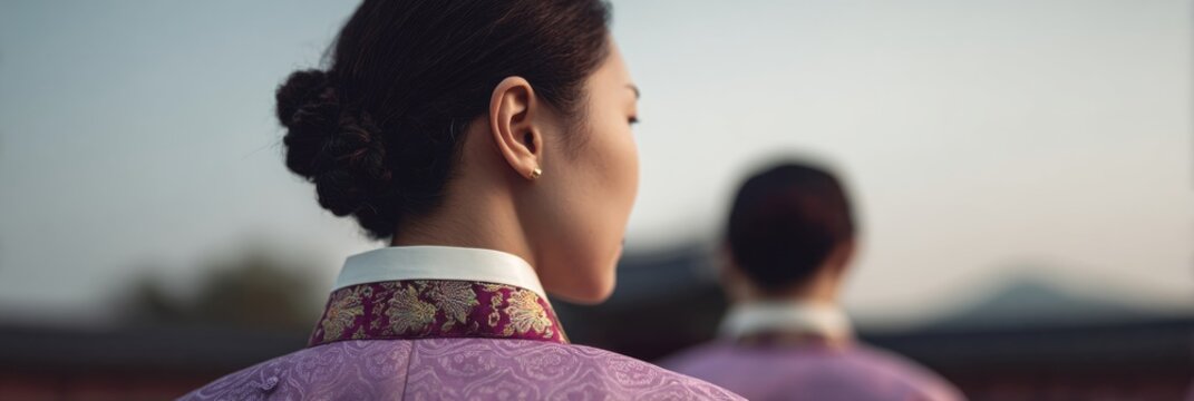Elegant Asian women in traditional hanboks embrace serene reflection, echoing Moon Festival harmony and quiet nostalgia