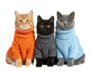 Three cats, wearing cozy sweaters, sit side-by-side in a studio shot