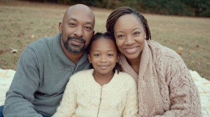 Fototapeta premium Afrocentrism in autumn glow, African American family basking in cozy warmth, embrace of Kwanzaas kinship and nostalgia, serene picnic