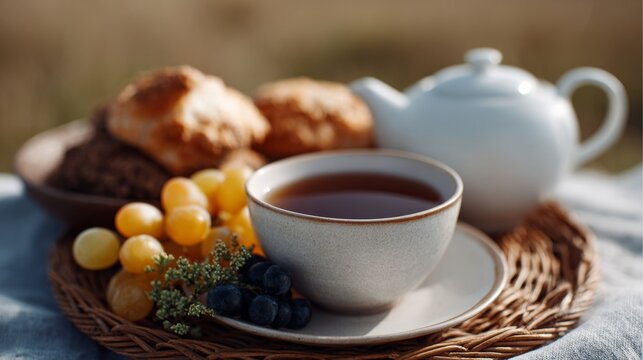 Tea time symphony, golden grapes and scones serenade porcelain, exuding autumnal Hygge warmth and British afternoon repose
