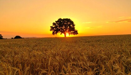 Golden wheat field with tree at sunset, rural landscape nature background
