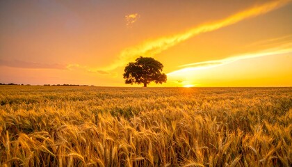 Golden wheat field with tree at sunset, rural landscape nature background
