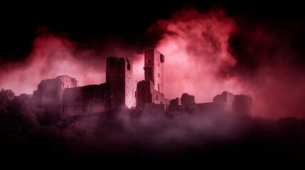 Fototapeta premium Ancient castle enshrouded in crimson mist evokes Samhain whispers, gothic allure, and the Dance of the Spirits