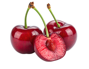 Three fresh, vibrant red cherries, one halved, display juicy flesh and a dark pit