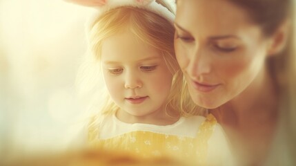 A serene Caucasian mother and daughter share whispers of Easter enchantment, celebrating the whimsical pastel dreams of Ostara