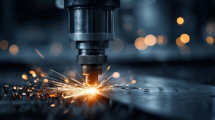 Laser cutting machine on metal sheet with sparkling bokeh background industrial manufacturing technology precision sparks close up workshop machining process high accuracy copy space