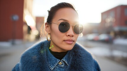 Asian female wearing aviators exudes urban chic in winter sunburst, channeling Solstice vibes and urban exploration flair