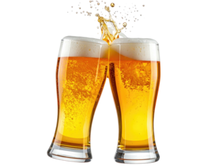 Two beer glasses clinking, frothy beer splash (1)